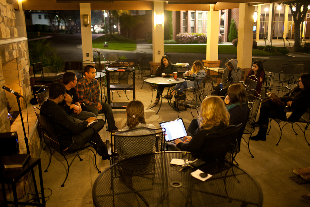 A small, but tough audience arrived to listen to the fireside chat with current SMU president Chris Johnson and the two candidates for his position, Cody Ramaekers and Stephen Croft on March 22, 2012. | Ashley Jones/THE CHIMES