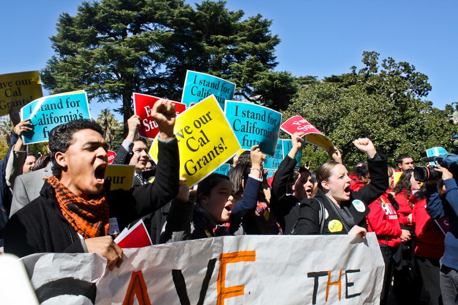 Students joined together at the Capitol on March 9, 2012 to fight for their Cal Grant funding. The governors proposed fiscal budget will reduce the amount given to students in private universities which is keeping students in school. | Sarah Seman/THE CHIMES