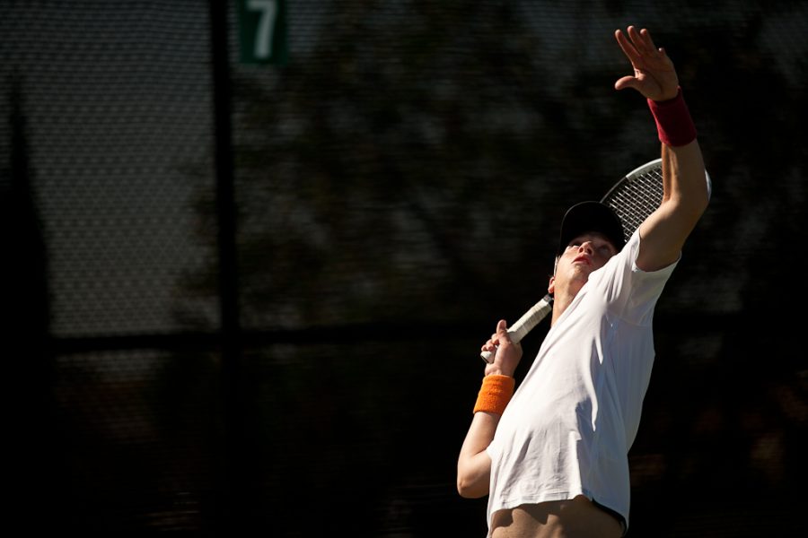 Sophomore Isaiah Pekary, also known as Big Bird among the players, serves during a singles match against Azusa Pacific on Saturday, March 10, 2012. | Ashley Jones/THE CHIMES