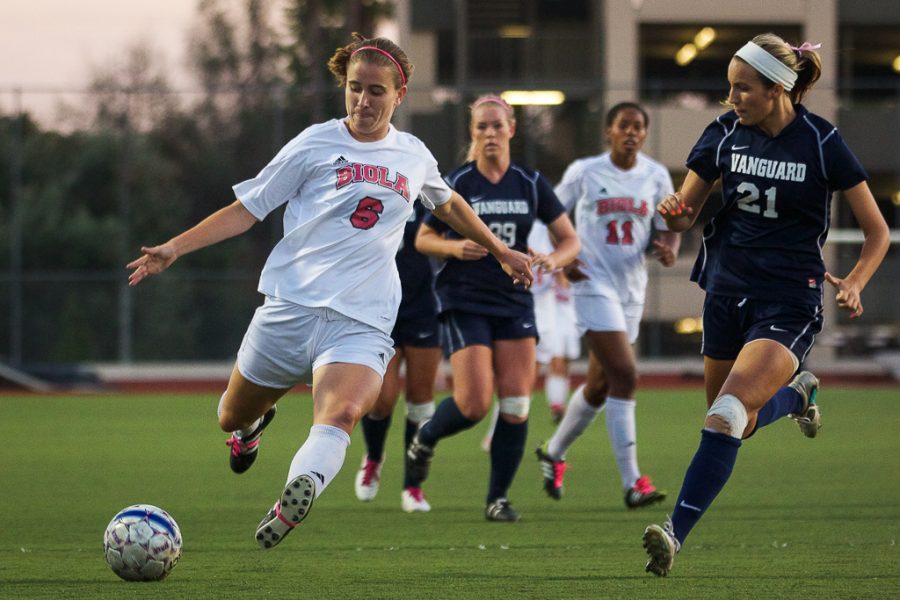 Sophomore Miranda Starbeck chases down the ball in Saturdays game against Vanguard University. Ashleigh Fox/THE CHIMES
