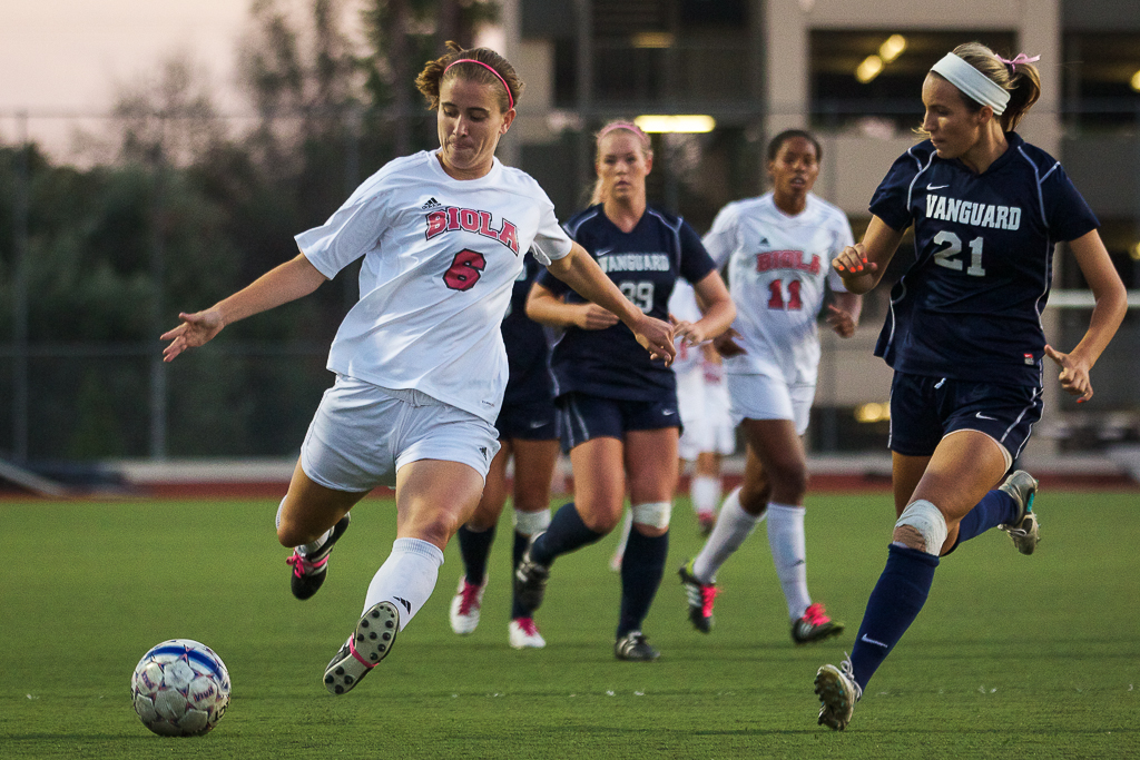 Sophomore Miranda Starbeck chases down the ball in Saturday's game against Vanguard University. Ashleigh Fox/THE CHIMES