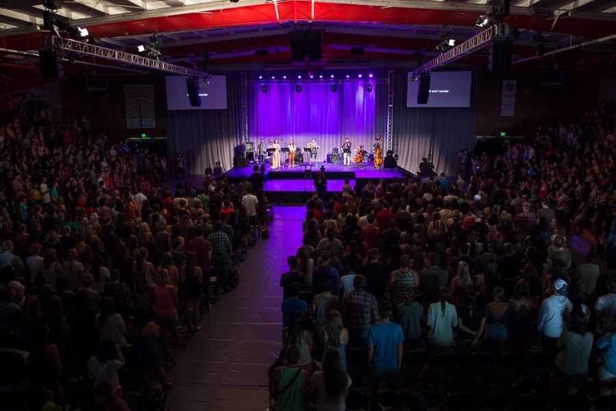 On Wednesday morning, Associate Professor of Intercultural Studies and Missiology, Allen Yeh, plays violin with the chapel band. | Olivia Blinn/THE CHIMES