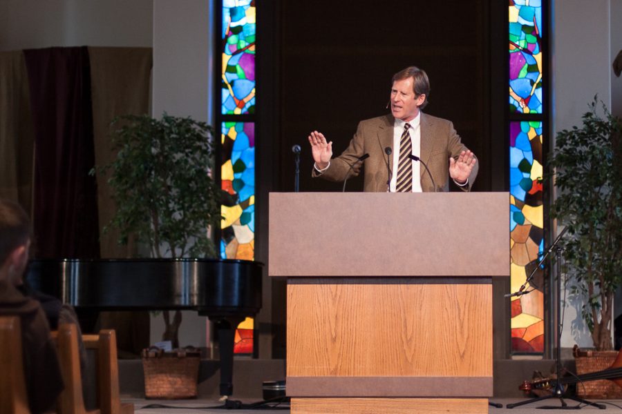 Scott Rae speaks during a Tuesday Talbot chapel in a 3-day series. | Grant Walter/THE CHIMES
