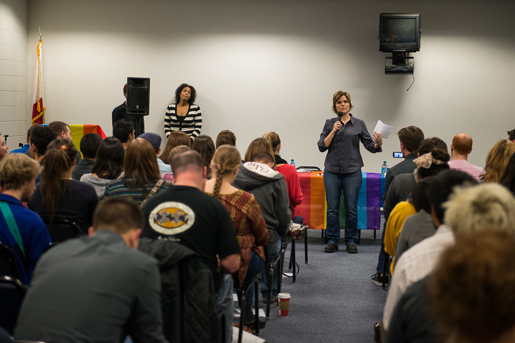 Ellie Ash-Balá welcomes a full audience and speaks about desire to create a safe space at the beginning of the "Gender and Sexuality Matter" panel hosted by the Biola Queer Underground. | Olivia Blinn/THE CHIMES