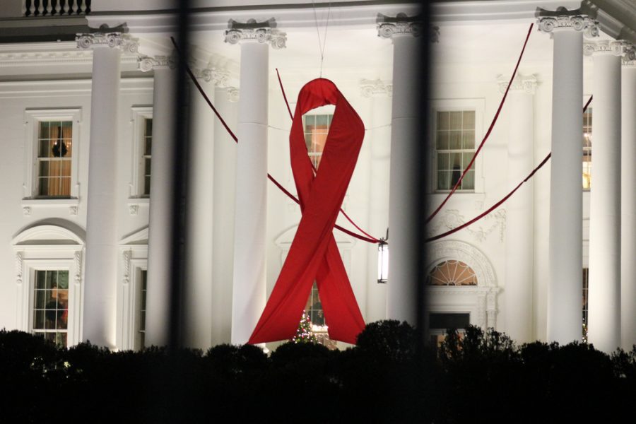 A red ribbon hangs at the White House to commemorate the 24th World Aids Day on December 1, 2012. | Courtesy of Elvert Barnes [Creative Commons]