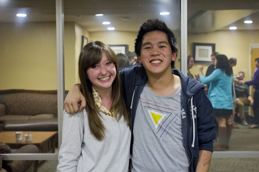 Junior Evan Tan and sophomore Becky Gallacher pose shortly after initially winning the AS presidential election early Friday morning. After a falsified vote was revealed, the senate voted to appoint the pair in a tie-breaking emergency session. | John Buchanan/THE CHIMES