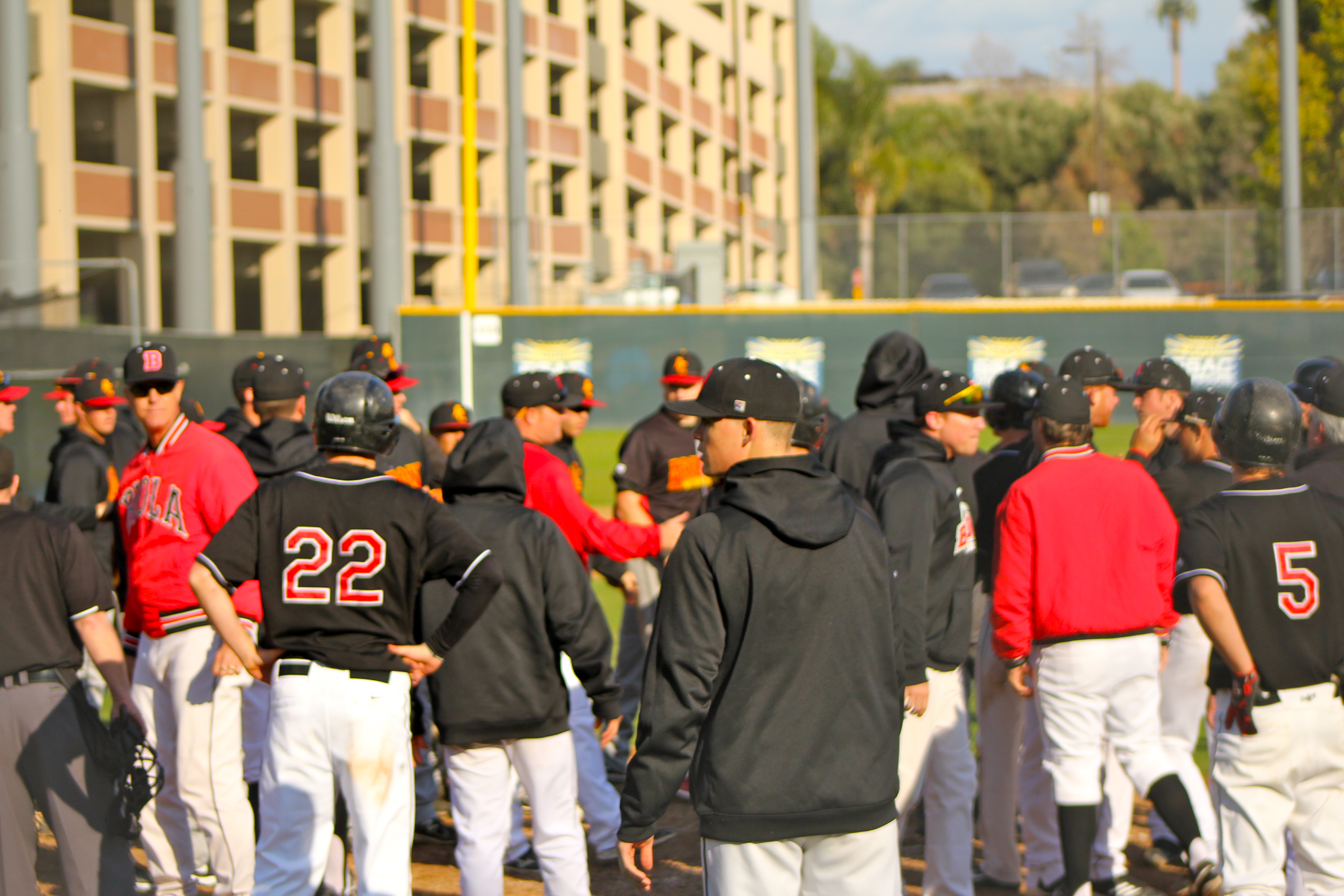 Benches cleared in the fourth inning of Saturday afternoon's game between Biola and Arizona Christian University after right fielder Paul Slater was hit by a pitch. | Conner Penfold/THE CHIMES