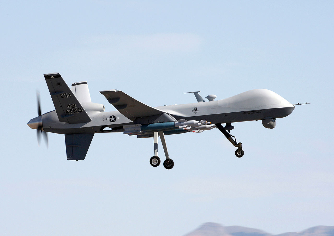 A MQ-9 Reaper flies above Creech AFB during a local training mission in Nevada. | U.S. Air Force photo by Paul Ridgeway [Creative Commons]