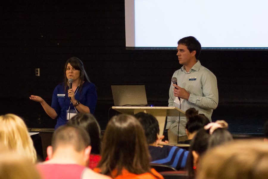 After exhorting students to continue praying for God to reveal Himself to Muslims, Deanna Stewart and Dan Mains end their seminar by encouraging students to come up to them if they have any questions. | Emily Arnold/THE CHIMES