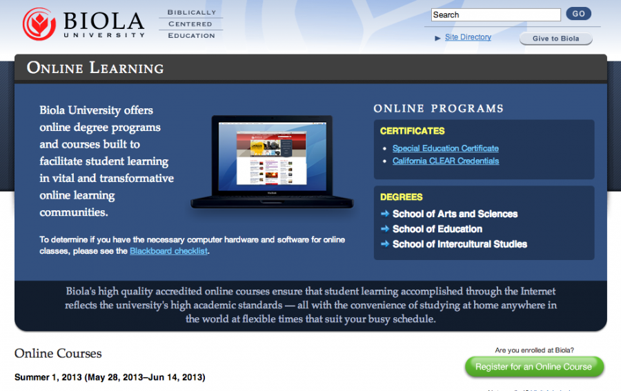 screenshot of http://academics1.biola.edu/online/