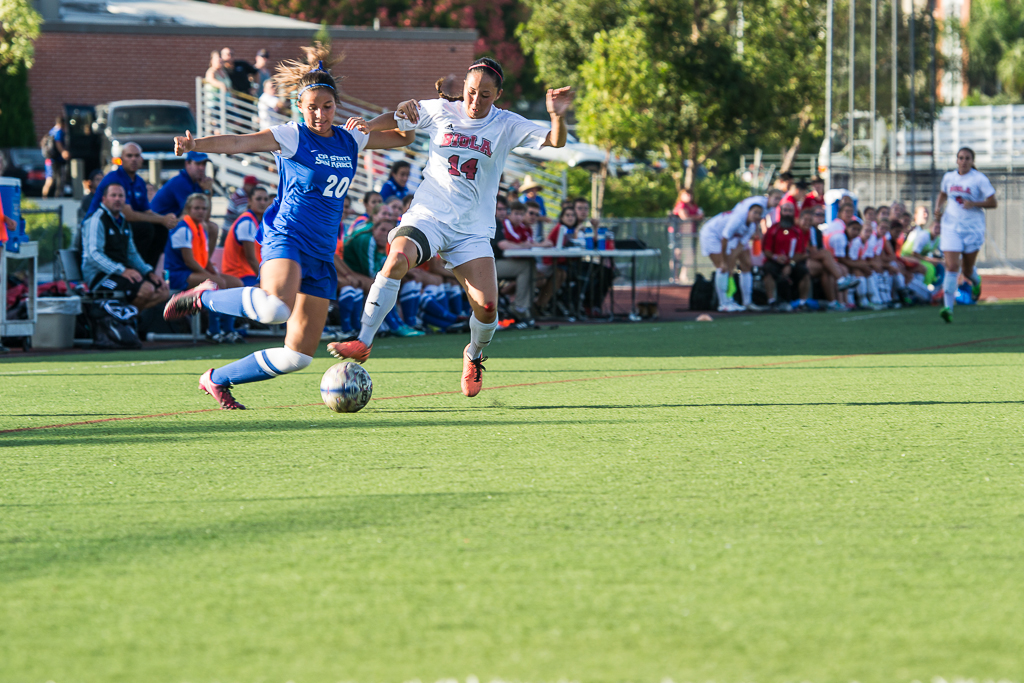 Junior midfielder Amanda Lillicrop attempts to steal the ball from San Marcos freshman Sidney Hernandez during the one-goal win against UC San Marcos on September 19. | Kalli Thommen/THE CHIMES