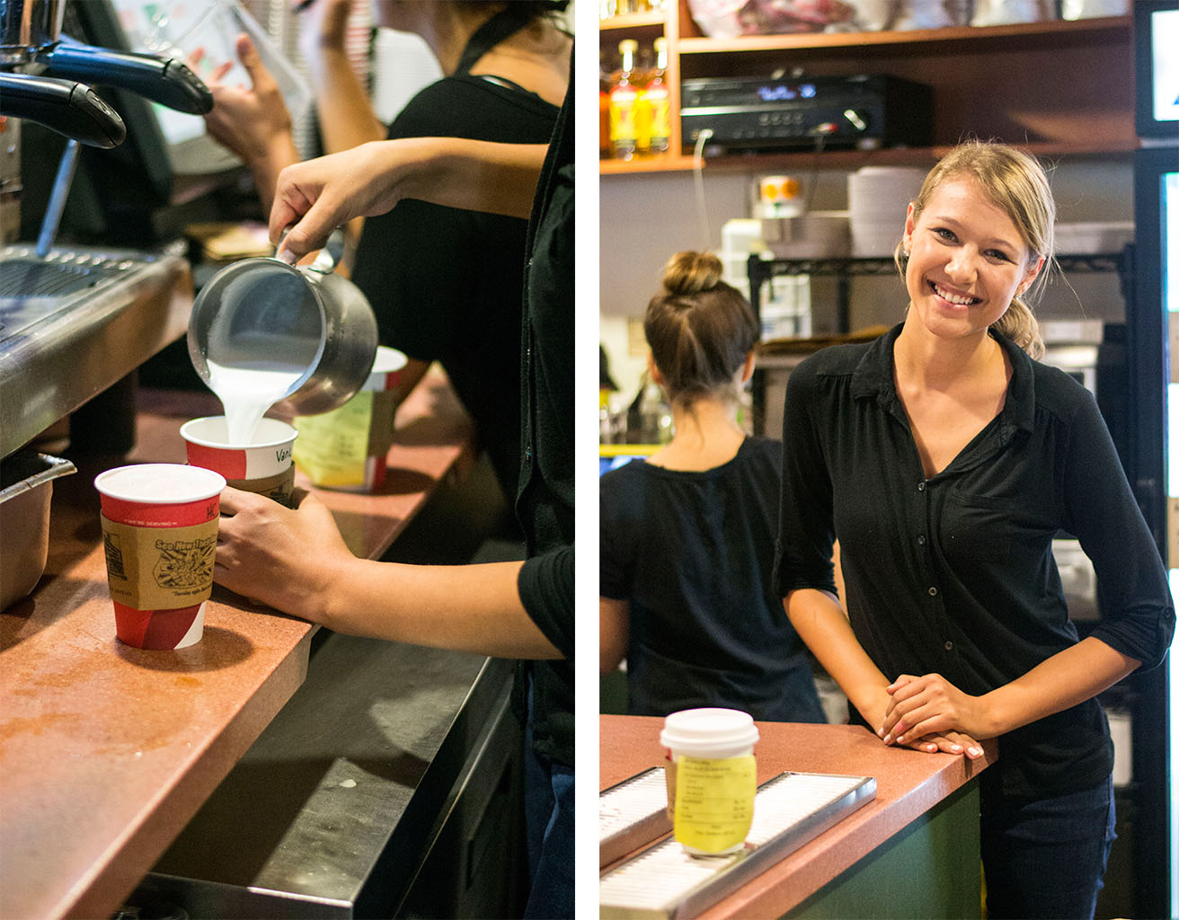 Sophomore Karli Wessale prepares a coffee order behind the counter at Commons. Her favorite drink, both personally and to promote, is an iced caramel macchiato. | Kalli Thommen/THE CHIMES 