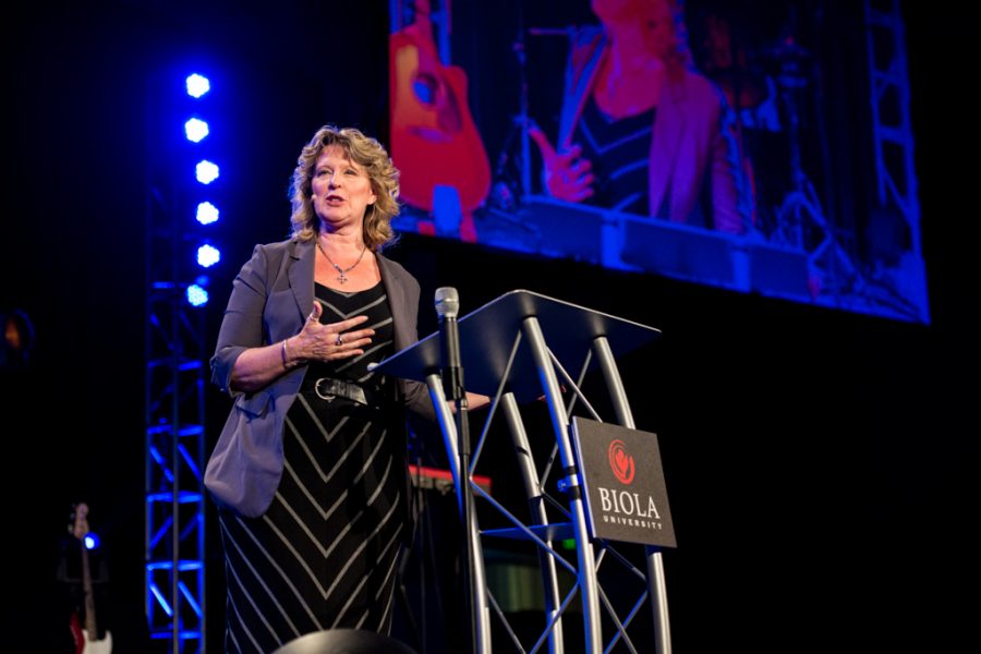 Ruth Haley Barton, guest speaker from Wheaton, IL, engages the audience by emphasizing being with God in every moment of our lives during the second main session on Thursday. | Ashleigh Fox/THE CHIMES