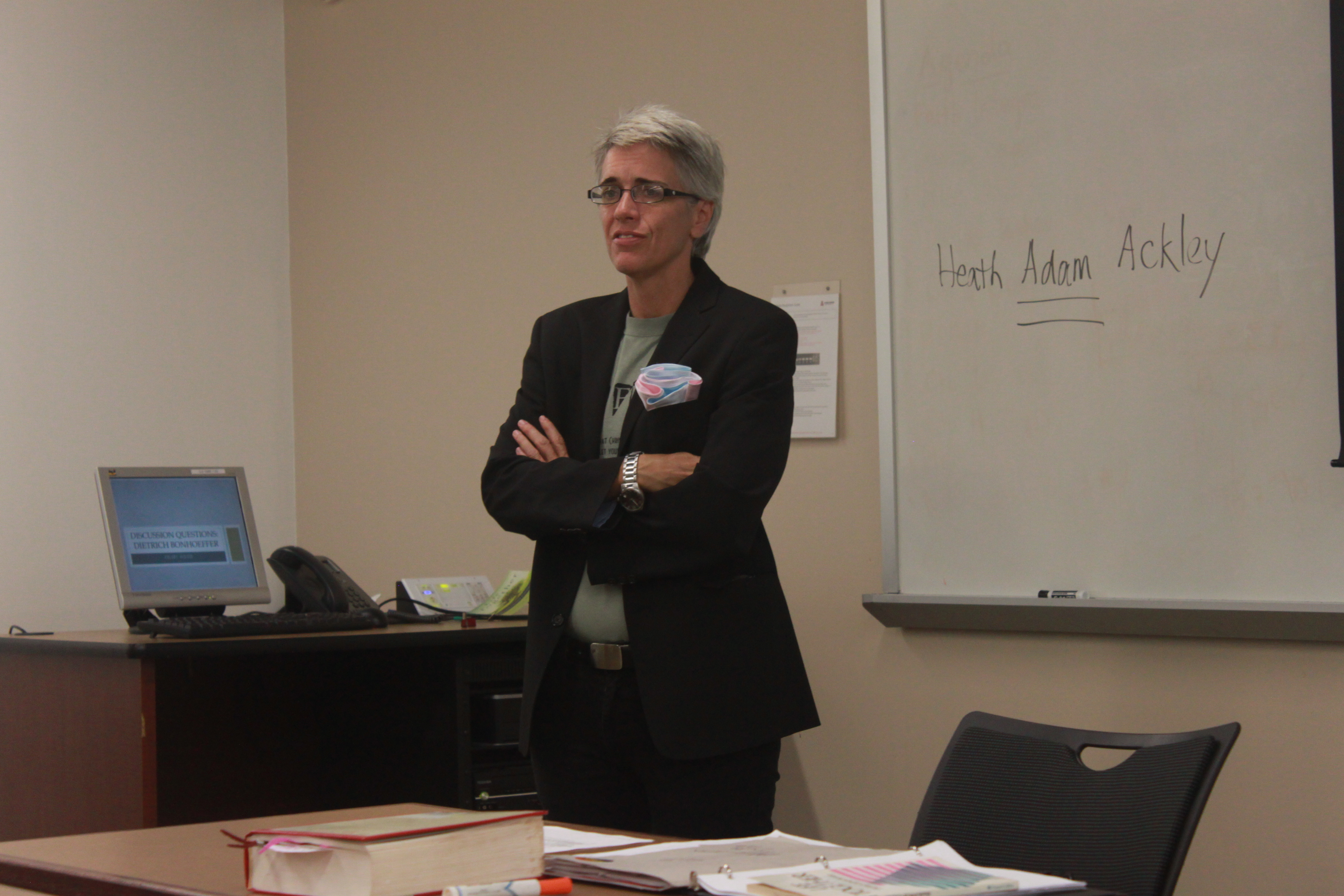 Previously known as Heather Clements, transgender professor Heath Adam Ackley relays the news of his new identity to students in class at the beginning of the fall semester. | Courtesy of Annie Z. Yu of The Clause