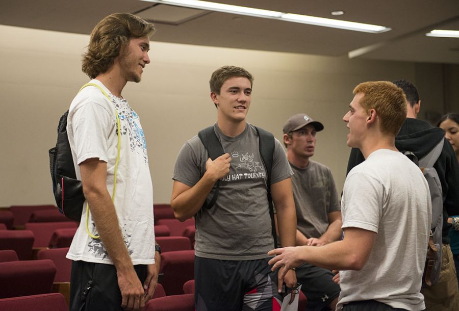 Seniors Max Allen and Jordan McCormack listen as senior Kyle Kinney talks about intramural sports. Senior Rachel Thompson writes about the importance of being intentional with your speech. | Ashleigh Fox/THE CHIMES [file photo]