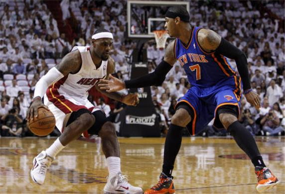 Miami Heat forward LeBron James maneuvers his way down the court during the 2012 NBA playoffs versus the New York Knicks. The battle to prevent Miami from winning for the fourth consecutive year continues in the Eastern Conference. | Courtesy of Creative Commons