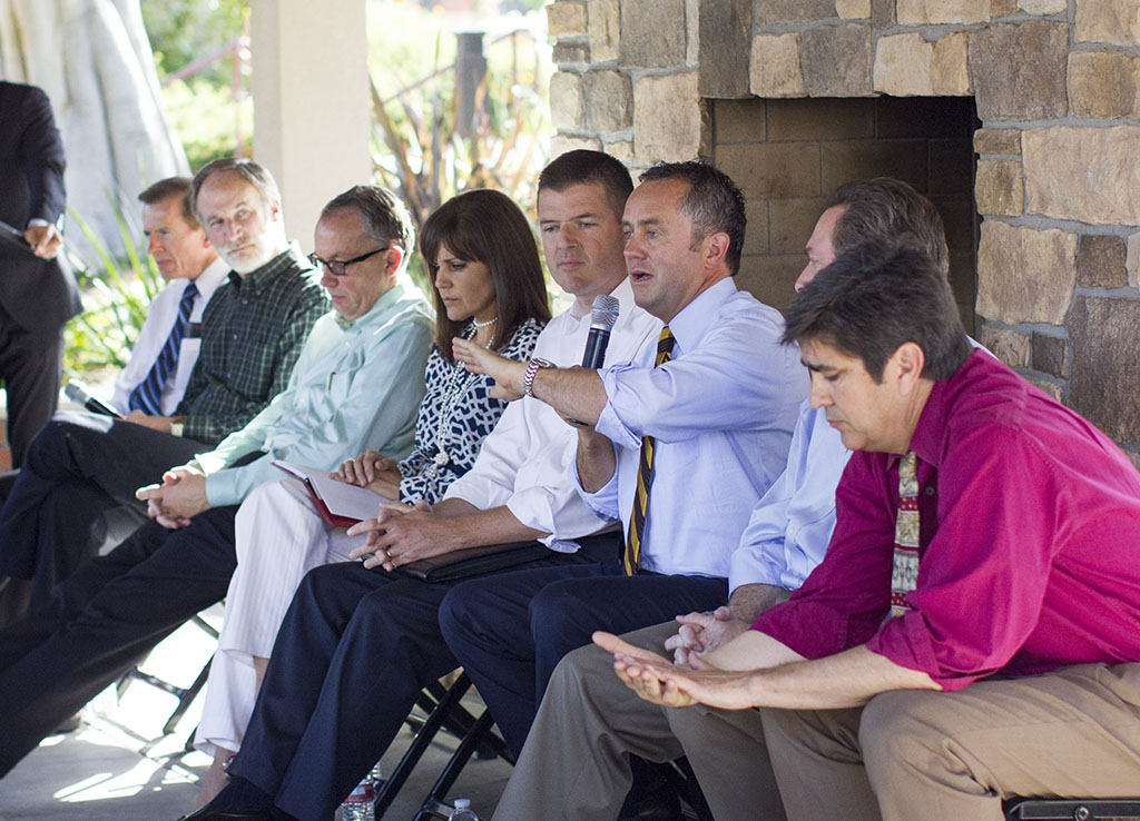 Surrounded by the President's Administrative Council, president Barry Corey speaks during last years' Donuts With DBC held at the Fireplace Pavillion. The PAC approved a new vision statement on September 27. | Rachel Adams/THE CHIMES [file photo]