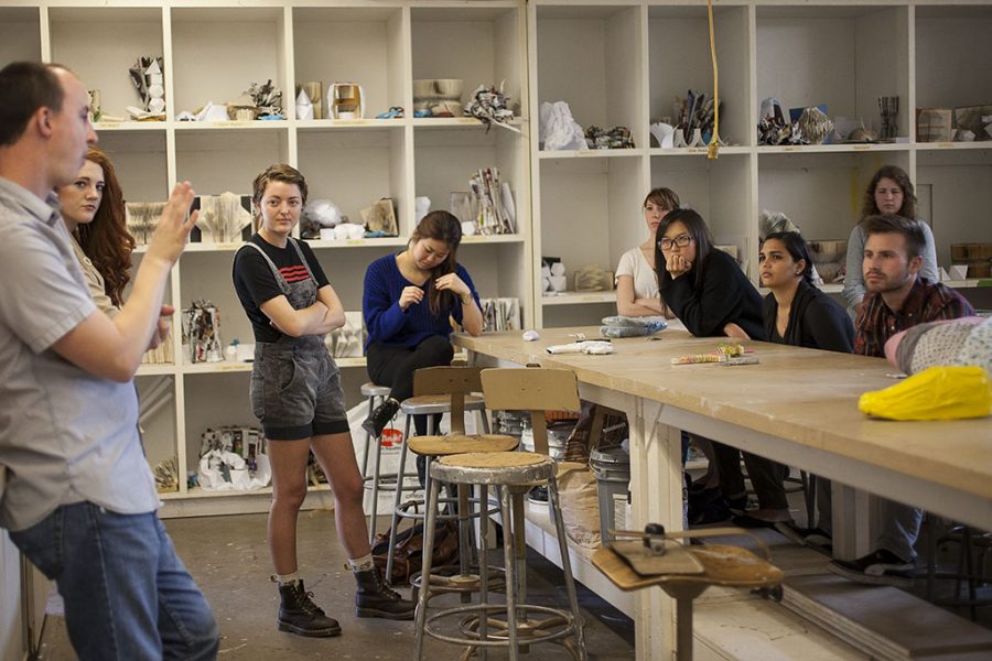 John Calley, adjunct professor of art, instructs his 3-D Design class. As the art faculty adjusted to the loss of chair and professor Loren Baker, full-time and adjunct professors helped to meet new needs in the department. | Melanie Kim/THE CHIMES