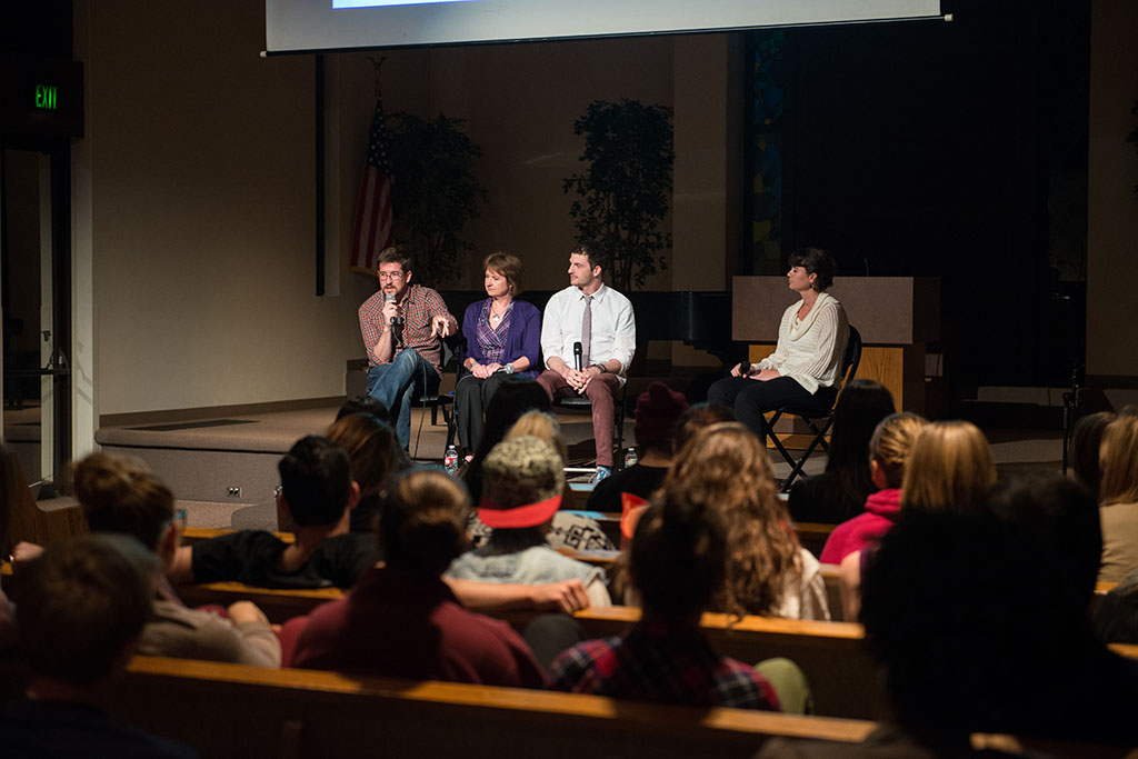 Panelists Matt Jenson, Colleen Heykoop and Matt Jones with moderator Monica Cure discuss dealing with unmet desires. The panel covered celibacy within non-heterosexual desires and the need for connection felt by all, regardless of orientation. | Aaron Fooks/THE CHIMES