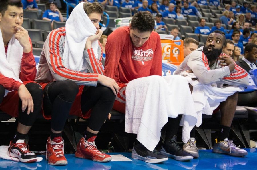 The Rockets bench looks distraught during the NBA playoffs first round: Rockets vs. Thunder. R.J. Winans reminds benchwarmers that their involvement is important, regardless of whether or not they are the star player. | Smiley N. Pool/Chronicle (blog.chron.com)
