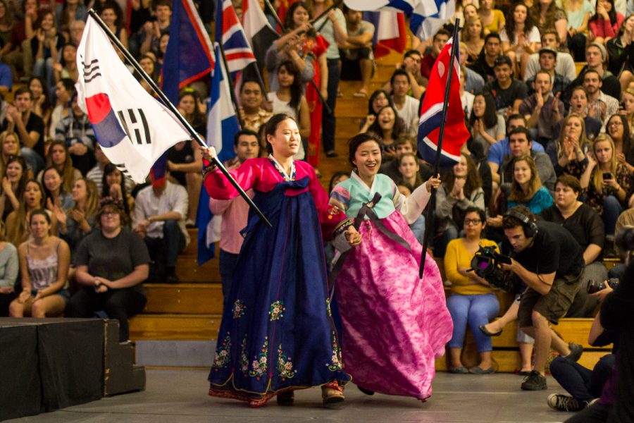 North and South Korea enter holding hands during the Parade of Nations at Echo 2014. | Natalie Lockard/THE CHIMES