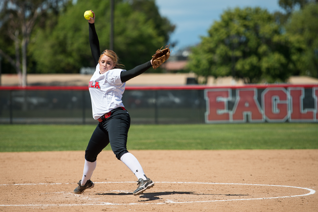 Junior right-handed pitcher Reba DePriest winds up for the pitch during the game against San Diego Christian College on Tuesday. With a win against San Diego Christian, they look hopeful as post-season play approaches. | Olivia Blinn/THE CHIMES
