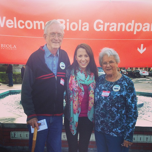 Senior Rachel Styffe stands between grandparents Emil and June Styffe at Grandparents Day 2013. Emil and June both went to Biola. | Courtesy of Rachel Styffe