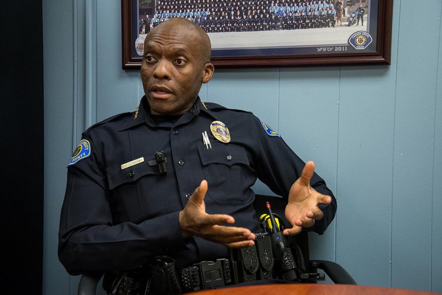 Chief Ojeisekhoba of Campus Saftey explains the actions his department would take if an event of a protest on campus. | Jenny Oetzell/THE CHIMES