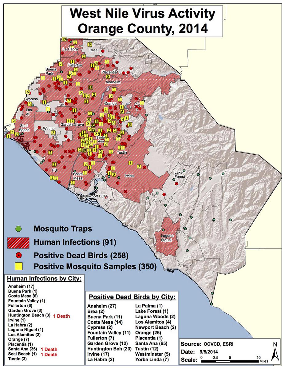 The West Nile virus continues to raise questions due to the its concerning risk factor. This infographic from the Orange County Vector Control District shows where the West Nile Virus has affected people in the Orange County area in 2014. | ocvcd.org