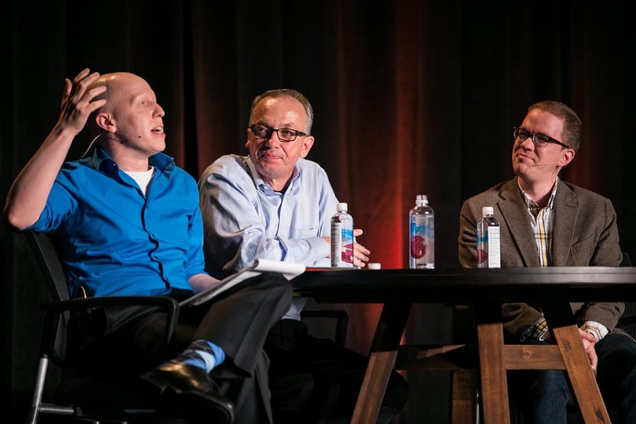 Justin Lee, David Nystrom, and Wesley Hill speak at the How Do We Love? event on Oct. 7.  The forum addressed the two main sides of the discussion regarding homosexuality within the Christian community. | Aaron Fooks/THE CHIMES