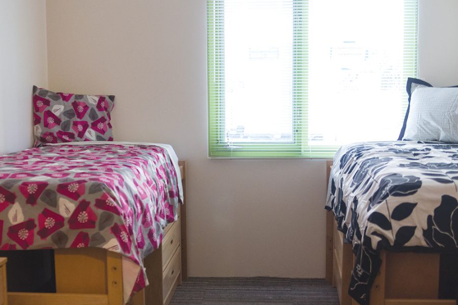 A room is set up in the new North Hall dorm for students to tour, giving viewers an idea of what the completed rooms will look like in the fall.  |  Marika Adamopoulos/THE CHIMES