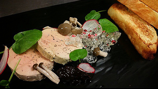 Foie pate with button mushrooms, radish and a moscato gelee prepared by Chef Patrick Pontasy at Bellamy's in San Diego, CA. | Photo courtesy of Stephany Macedo