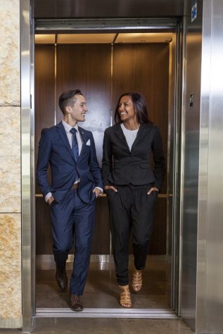 Becker and Stribblings solid, dark-colored suits make them appear professional and well put together for corporate interviews. With a basic silhouette, you can add personality with a range of colors and styles. | Melanie Kim/THE CHIMES