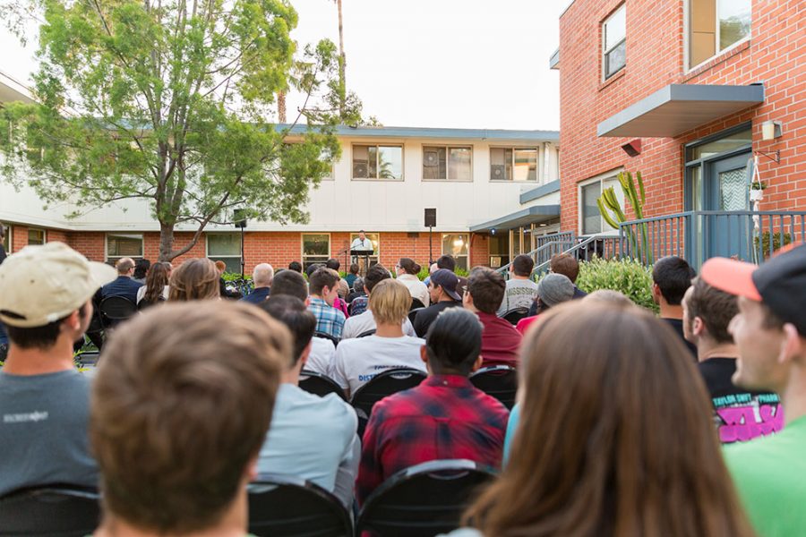 Members of the current Biola community and past Emerson residents gathered at 7 p.m. on April 16 to share memories and experiences from their time in the residence hall, which has been part of the La Mirada campus since 1958. | Tomber Su/THE CHIMES