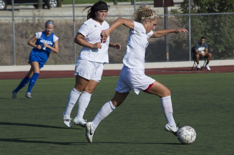 Freshman Madyson Brown gets ready to kick the ball for her team during a home game. | Jordan Wright/THE CHIMES