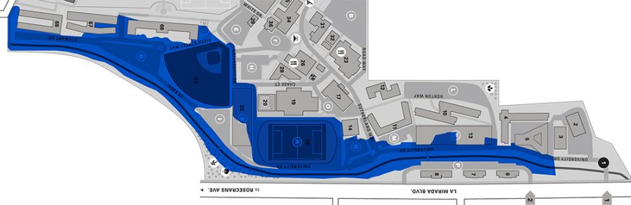 The graphic above illustrates what areas of the east side of campus would incur flooding in the case of a severe rainstorm. | Photo courtesy of Biola University Department of Campus Safety
