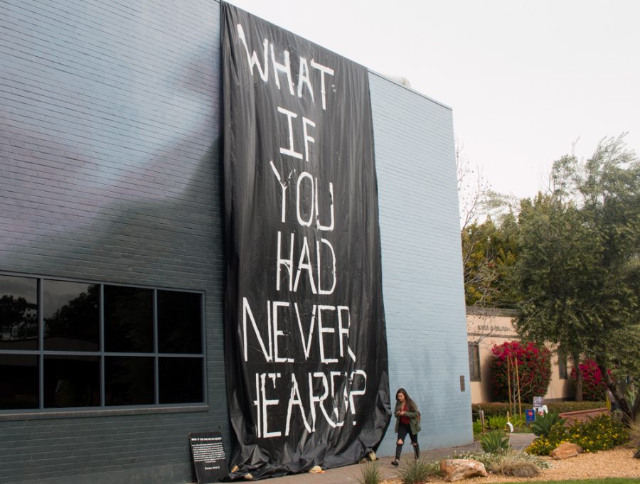 Students woke up to a large sign covering the infamous Jesus Mural in preparation for Missions Conference 2016 that asks, What if you had never heard? | Amanda Sakowski/ THE CHIMES 