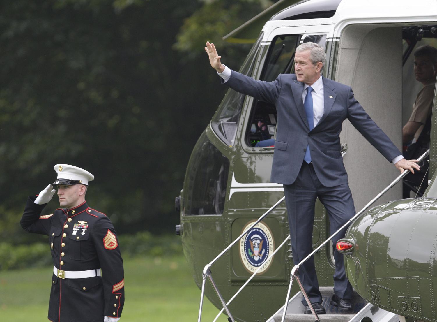 President Bush waves from the steps of Marine One, Wednesday, Oct. 3, 2007, shortly after vetoing a bill expanding a popular health care program for children by $35 billion. Bush was leaving for a day trip to Lancaster, Pennsylvania