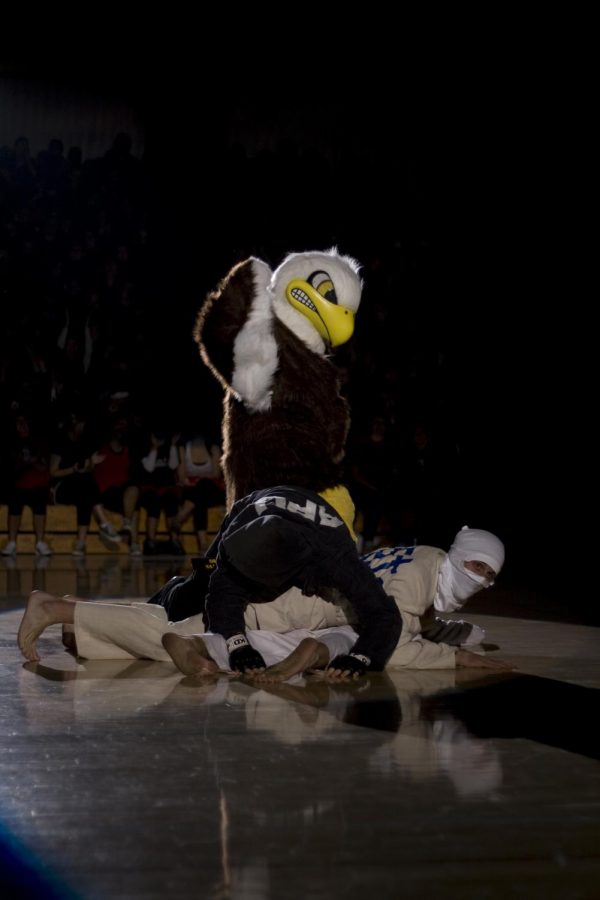 The Biola Eagle stands in victory after fighting off the APU and Westmont ninjas. This was one of the many skits during Midnight Madness on Sunday night. For more information on Midnight Madness