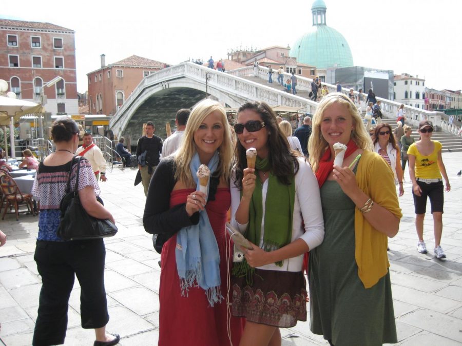 Morgan Lindstrom, Melissa Hartwig and Charissa Walton sample gelato while traveling across Europe. The trio is studying abroad at Roehampton University in London this semester.