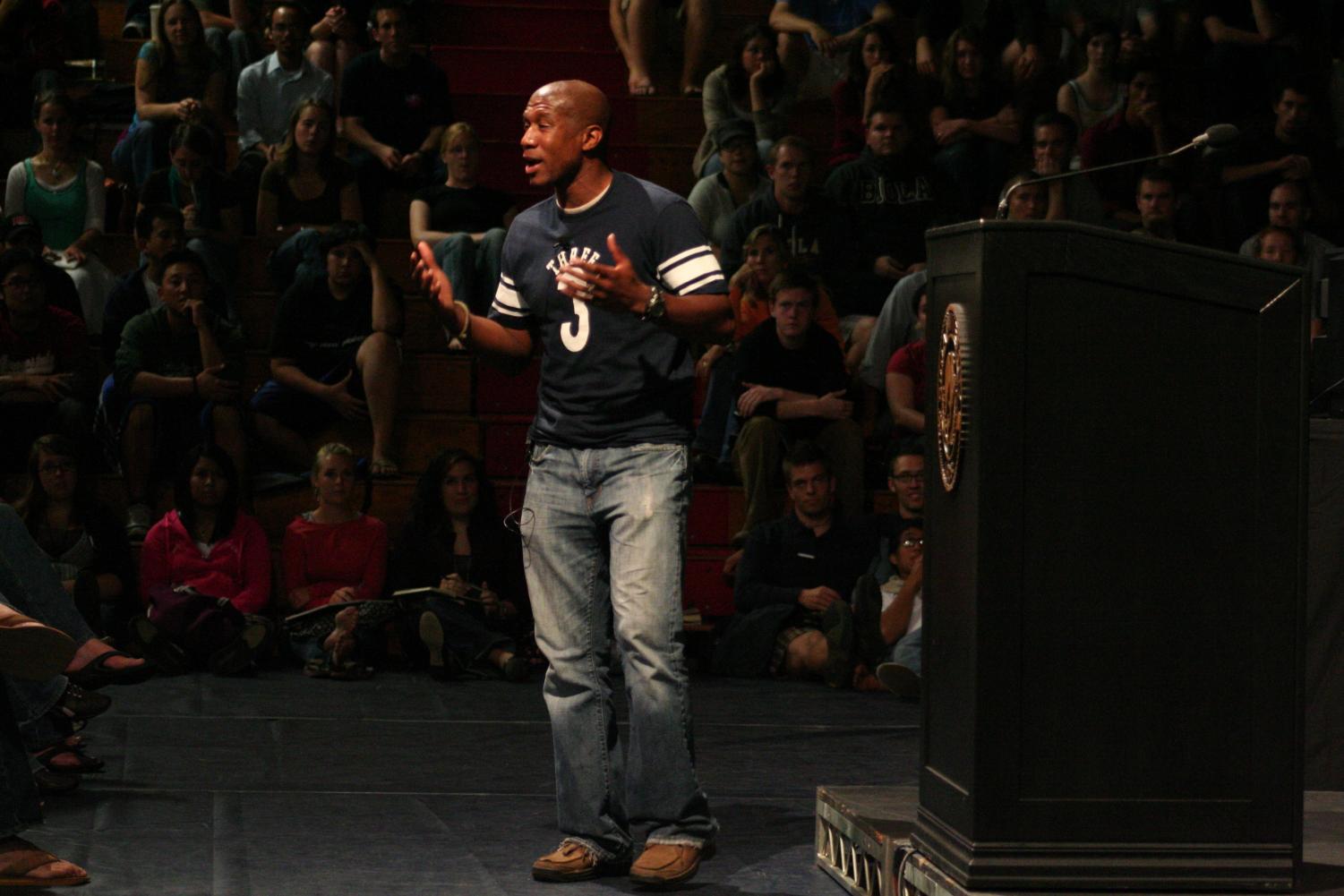 Curtis Jones shares a spoken word act with the audience. His poem told the story of the prodigal son and a "love divine, that turns my water into wine."