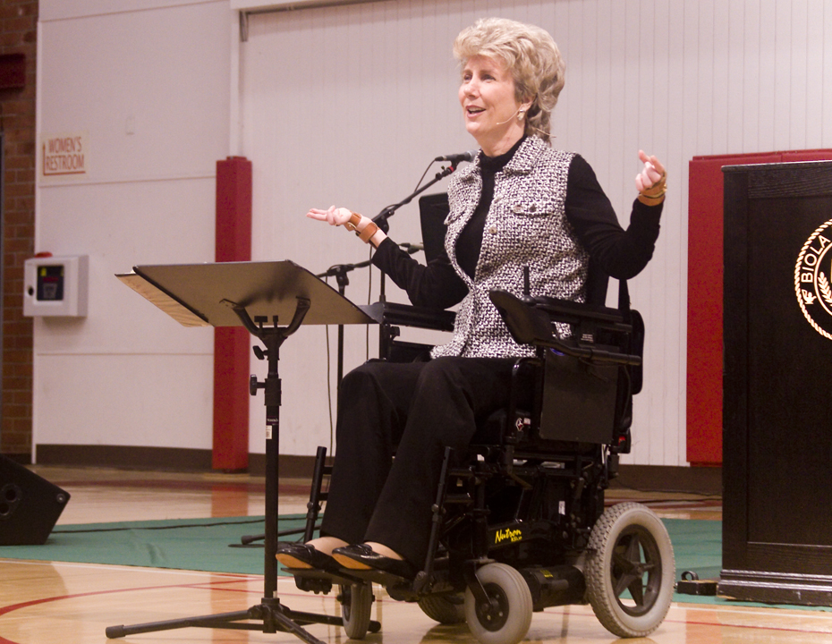 Quadriplegic Joni Eareckson Tada speaks in chapel on Wednesday, Sept. 19.