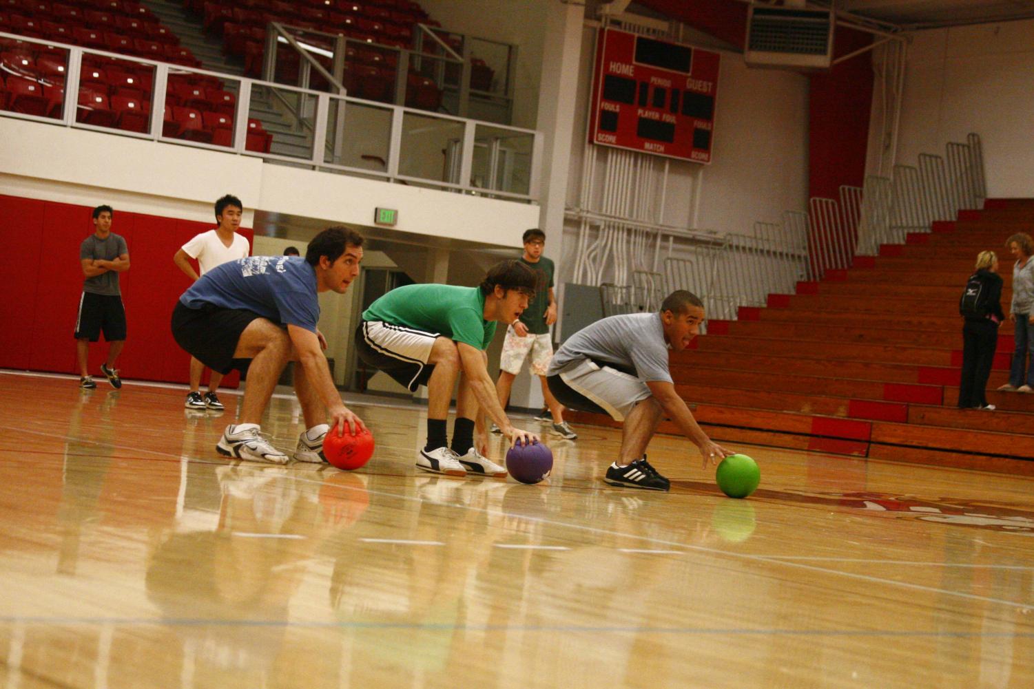 The Torrey Bulldogs rush agianst their undeafeated rivals in the dodgeball championship game Wednesday night. (L-R): David Jacobson, Jared Gibo, Trevor Holts, Riley Todd, Jonathan Trigg, David Caple.