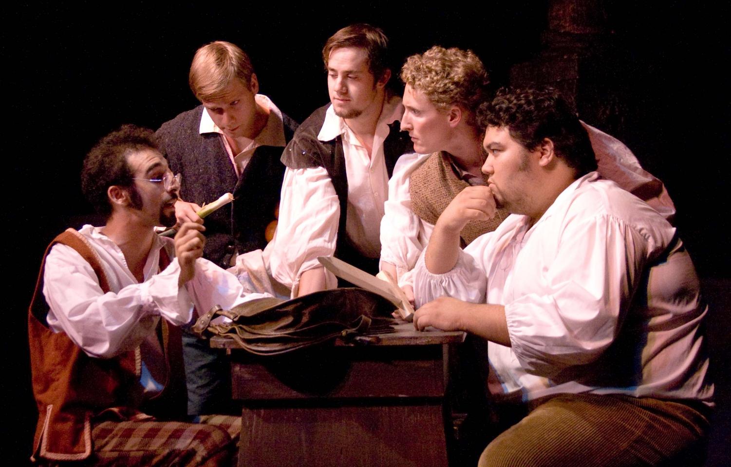 (L-R) Jonathan Burello (Quince), Colton Ische (Flute), Micah Kersh(Snout), Ryan Swindoll(Bottom), and Rob Croft (Snug) conspire together during the dress rehearsal last Wednesday night for "A Midsummer Night's Dream." The Shakespeare play opened Nov. 1, marking the 25th anniversary of Biola's theater productions.