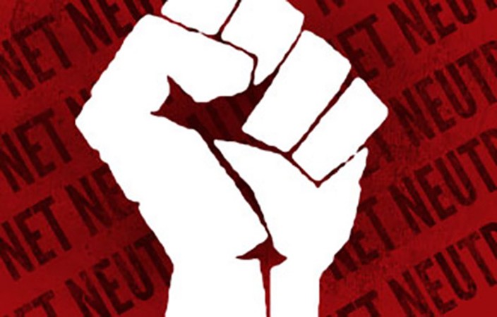 An illustration of a raised fist with a Net Neutrality background.