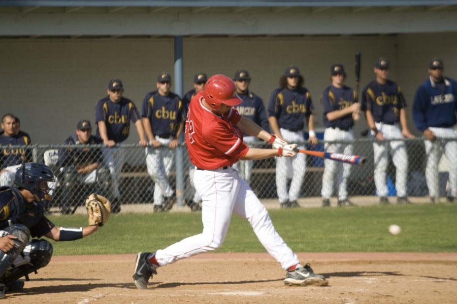 Senior first baseman Matt McQueen takes a swing in a recent game against Cal Baptist. McQueen hit a huge home run later in the game providing some insurance for the Eagles in their 8-3 win.