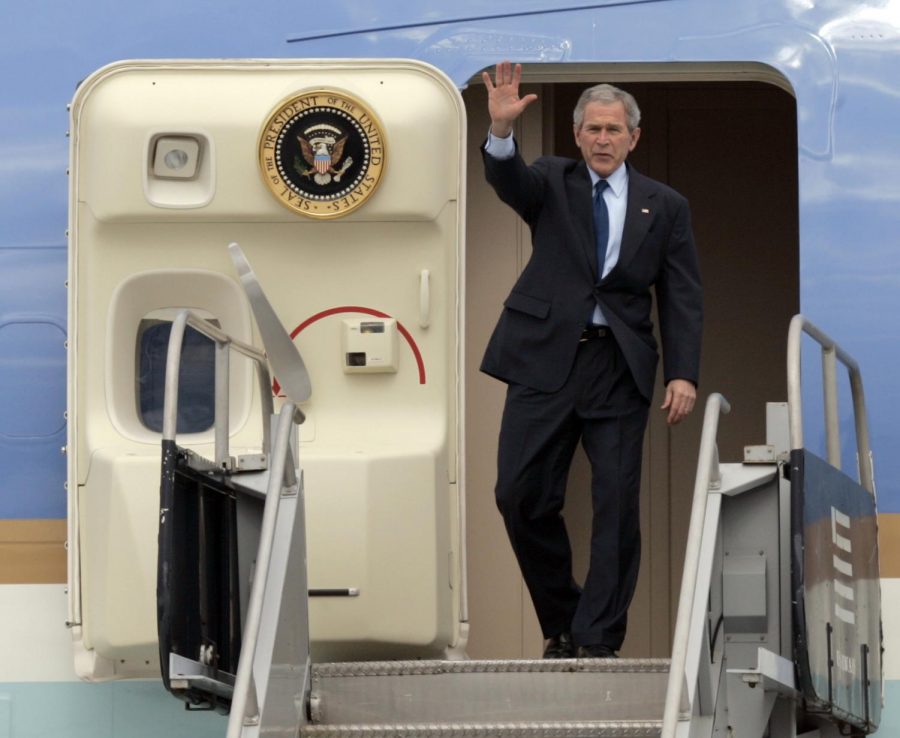 President Bush arrives aboard Air Force One at the Jacksonville International airport in Jacksonville, Fla., Tuesday, March 18, 2008. The president will speak to guests at the Jacksonville Port Authority.