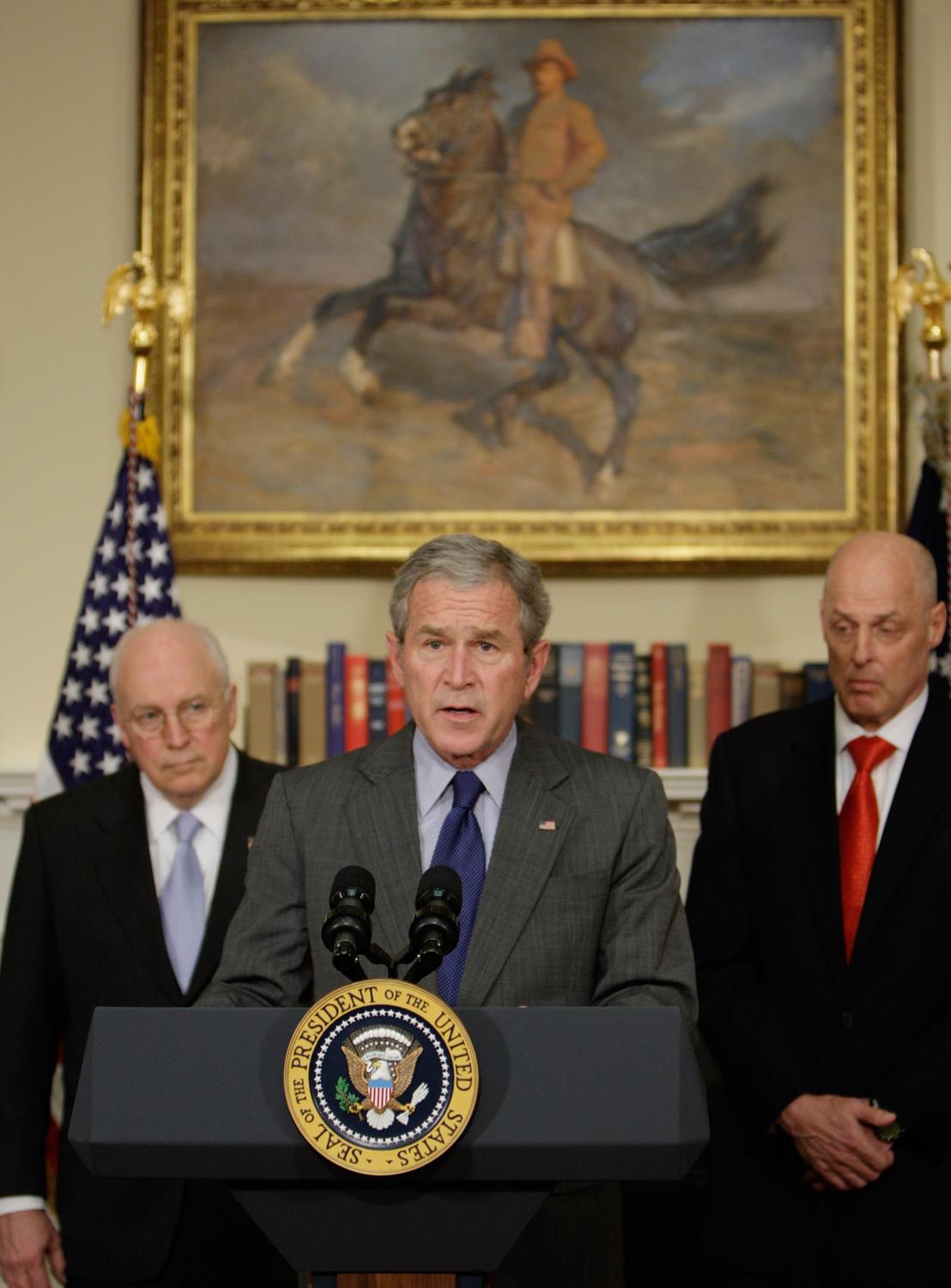 President Bush makes a statement on the economy in the Roosevelt Room of the White House in Washington, Friday, Jan. 18, 2008. From left are, Vice President Dick Cheney, the president and Treasury Secretary Henry Paulson.