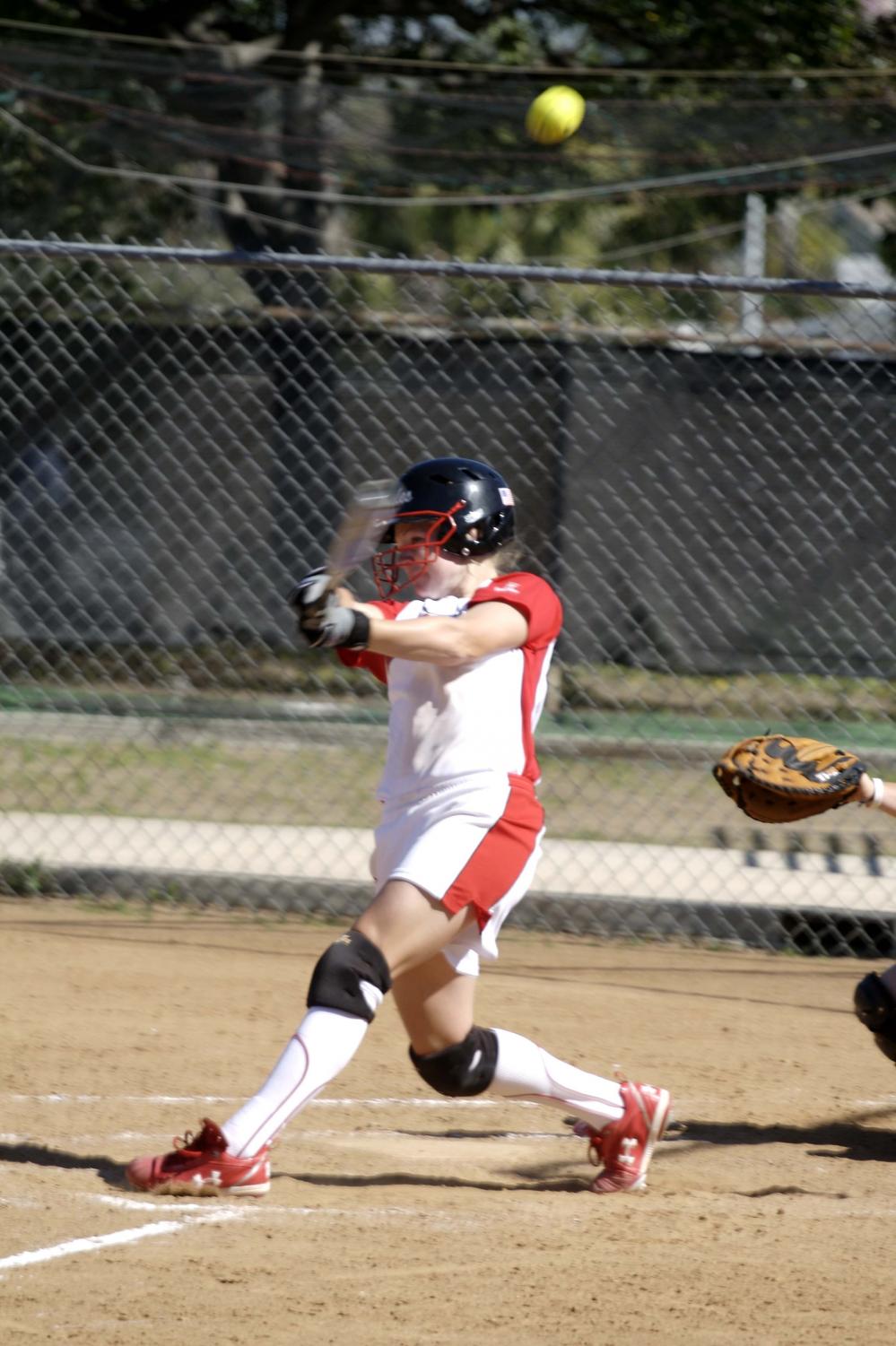 Senior Jacqie Hudson hits a foul tip during the game against the University of Mobile last Monday, which Biola lost 1-6, 2-5.