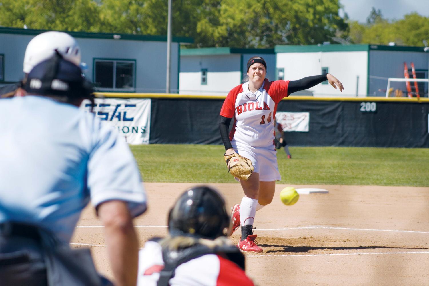 Freshman Lyndsie Roberts, the only left-handed pitcher on the team, threw well during the doubleheader against APU. Girls lost one and won one during their last doubleheader against Hope International on Tuesday.